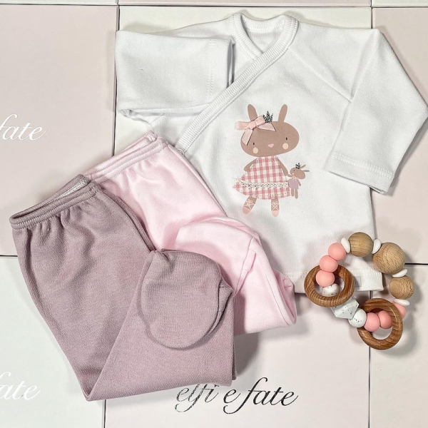 Conjunto canastilla 2 piezas de algodón, Camiseta y polaina Bunny Vichy - Imagen 3
